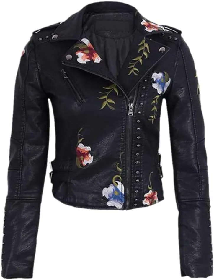 Jegsnoe Spring Autumn Faux Leather Jacket Women Floral Embroidery Streetwear Motorcycle Black Punk Outerwear Biker Jacket