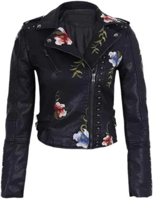 Jegsnoe Spring Autumn Faux Leather Jacket Women Floral Embroidery Streetwear Motorcycle Black Punk Outerwear Biker Jacket