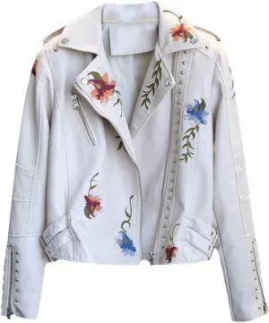 Jegsnoe Spring Autumn Faux Leather Jacket Women Floral Embroidery Streetwear Motorcycle Black Punk Outerwear Biker Jacket