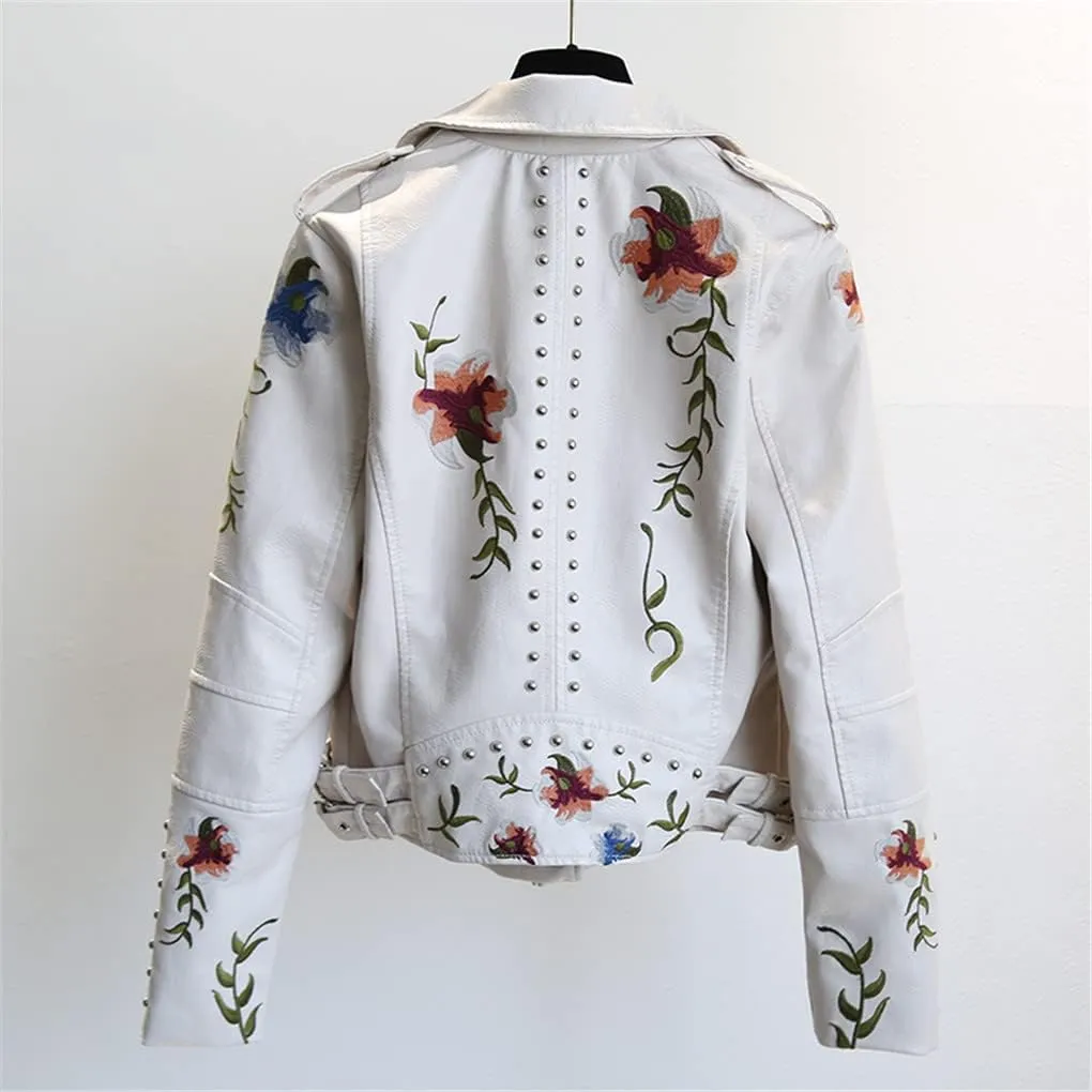 Jegsnoe Spring Autumn Faux Leather Jacket Women Floral Embroidery Streetwear Motorcycle Black Punk Outerwear Biker Jacket