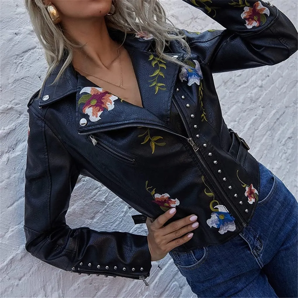 Jegsnoe Spring Autumn Faux Leather Jacket Women Floral Embroidery Streetwear Motorcycle Black Punk Outerwear Biker Jacket