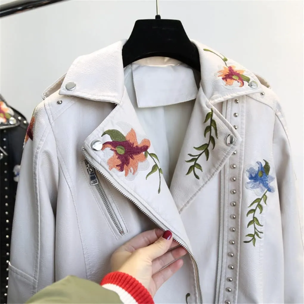 Jegsnoe Spring Autumn Faux Leather Jacket Women Floral Embroidery Streetwear Motorcycle Black Punk Outerwear Biker Jacket