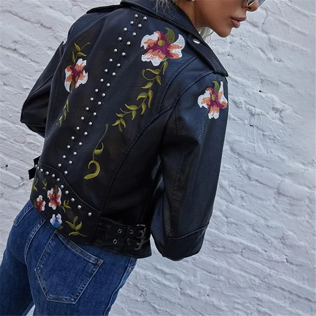 Jegsnoe Spring Autumn Faux Leather Jacket Women Floral Embroidery Streetwear Motorcycle Black Punk Outerwear Biker Jacket