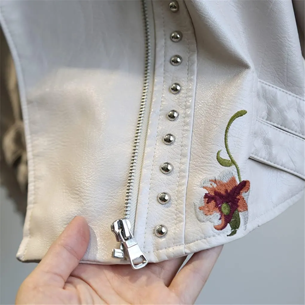 Jegsnoe Spring Autumn Faux Leather Jacket Women Floral Embroidery Streetwear Motorcycle Black Punk Outerwear Biker Jacket