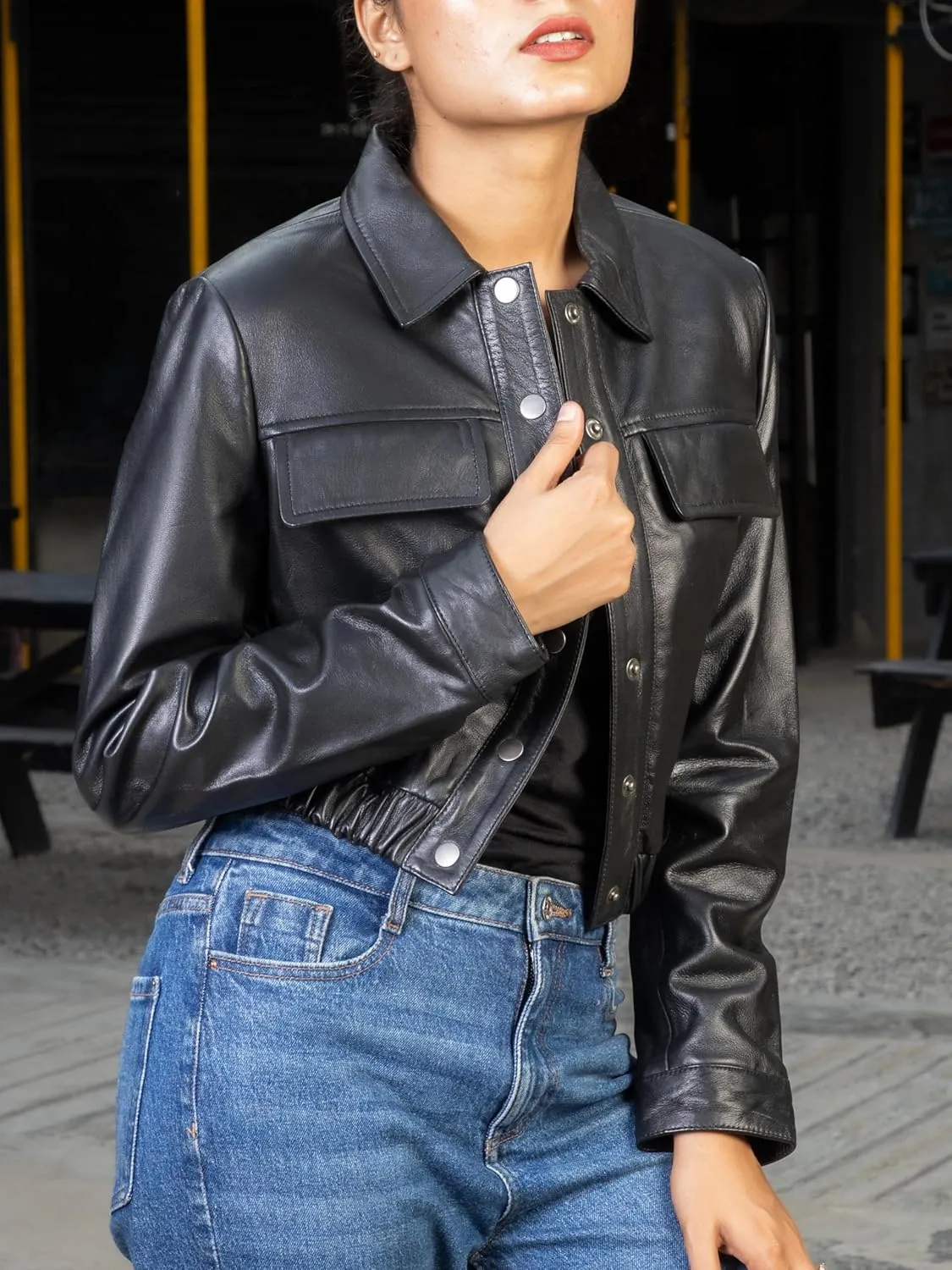 Jild Collar Button Front Cropped Leather Jacket Women- Moto Biker Womens Short Shirt Jacket Crop Party Jacket