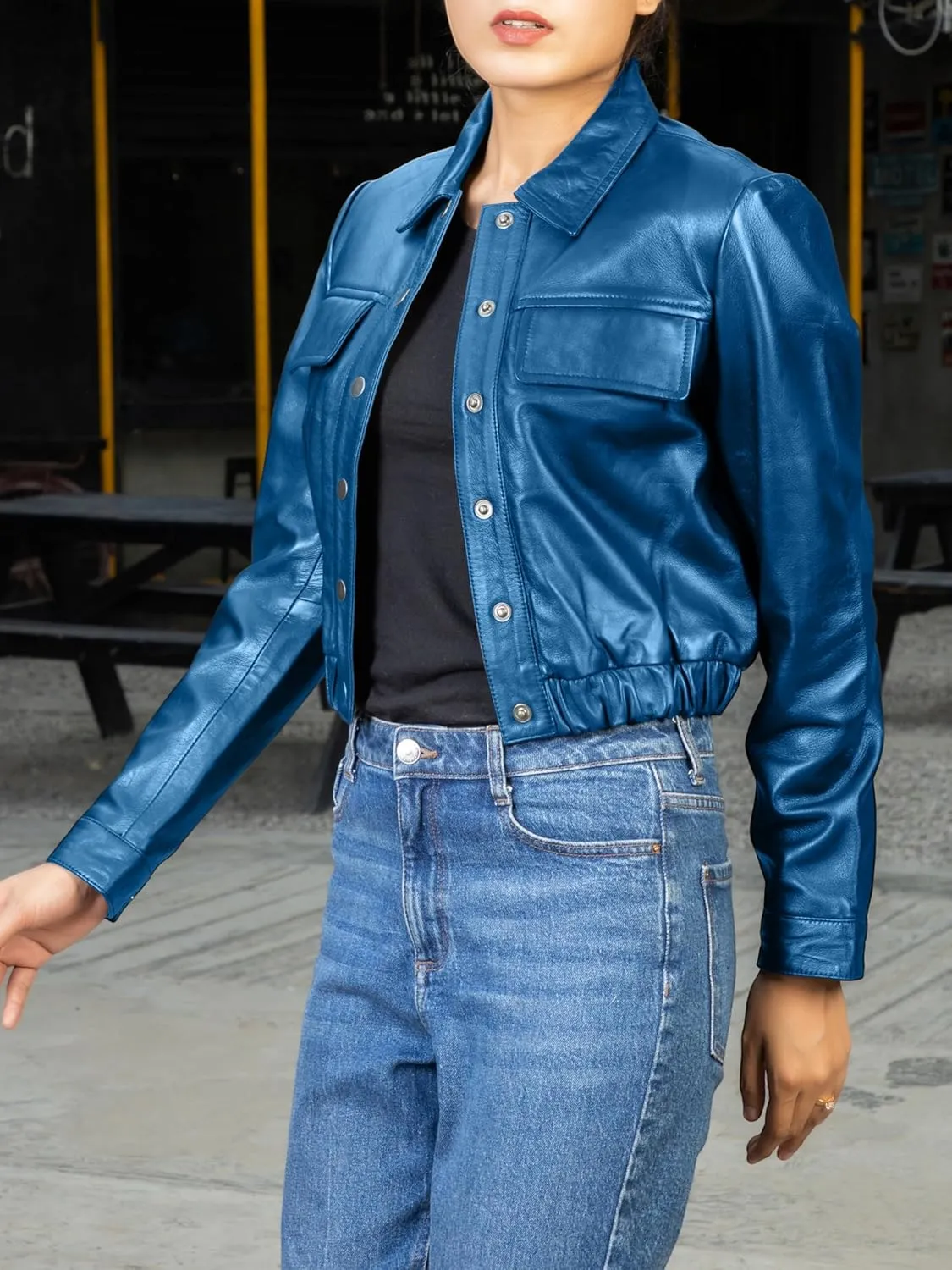 Jild Collar Button Front Cropped Leather Jacket Women- Moto Biker Womens Short Shirt Jacket Crop Party Jacket