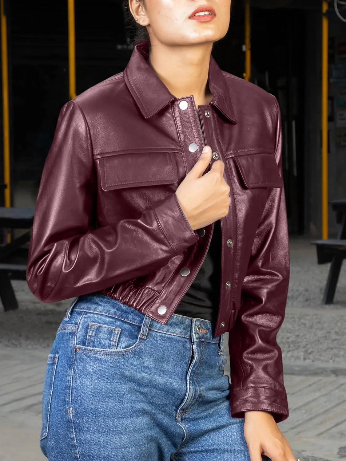 Jild Collar Button Front Cropped Leather Jacket Women- Moto Biker Womens Short Shirt Jacket Crop Party Jacket