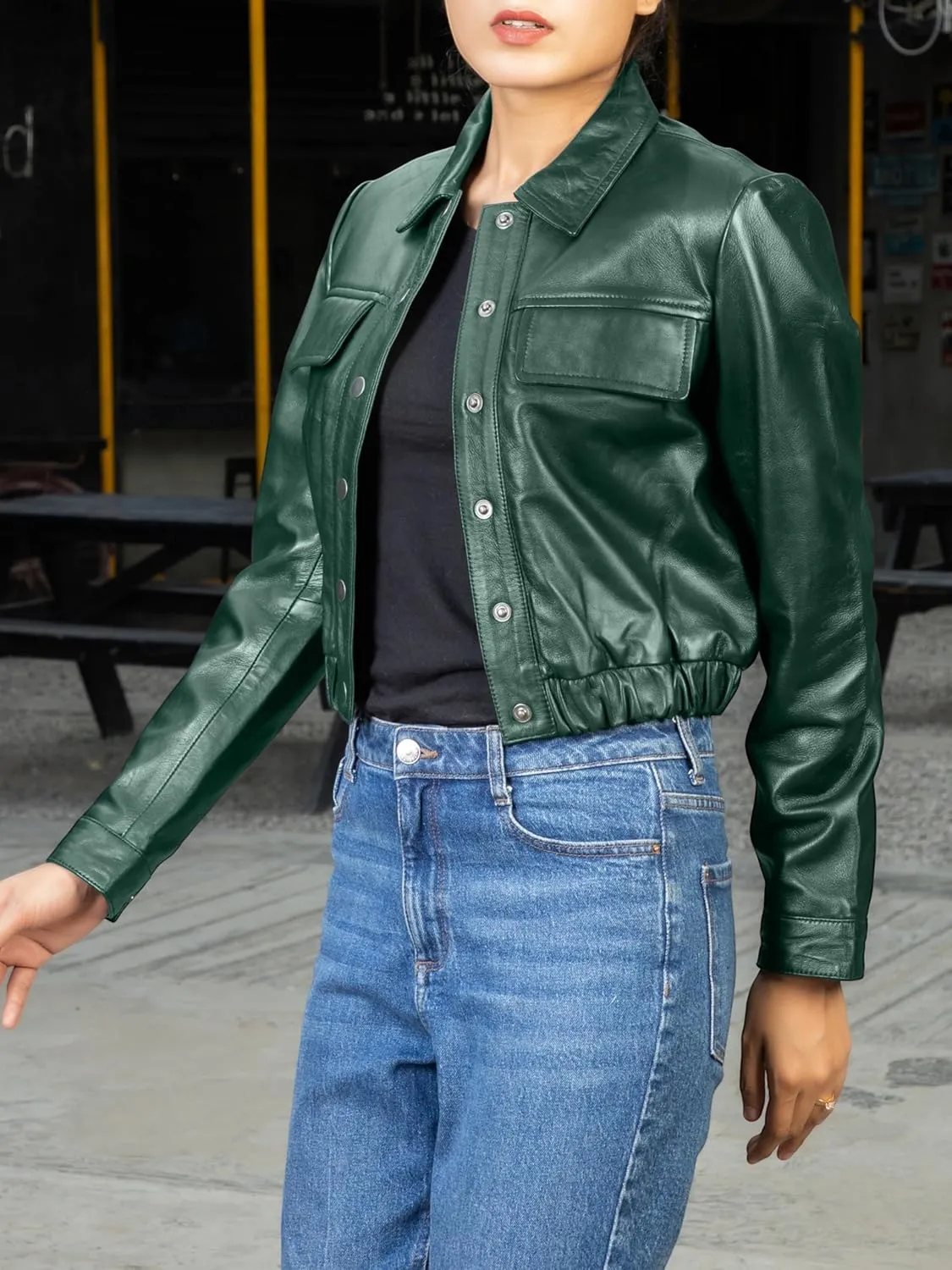 Jild Collar Button Front Cropped Leather Jacket Women- Moto Biker Womens Short Shirt Jacket Crop Party Jacket