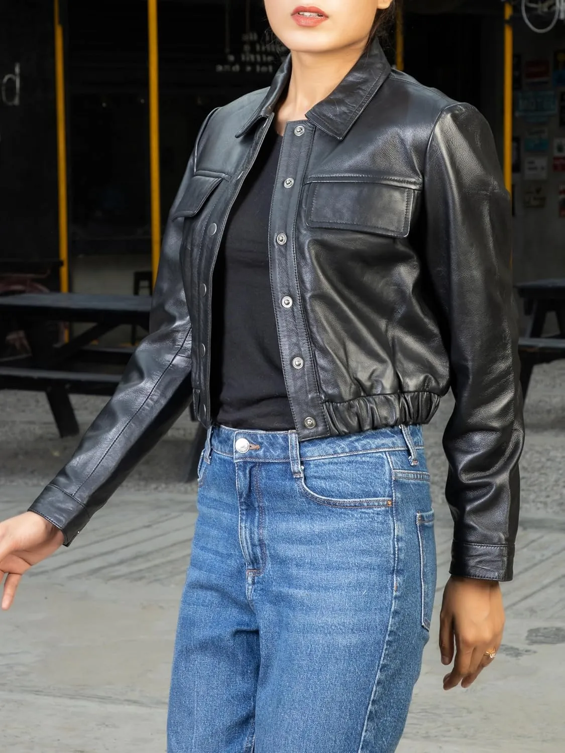 Jild Collar Button Front Cropped Leather Jacket Women- Moto Biker Womens Short Shirt Jacket Crop Party Jacket