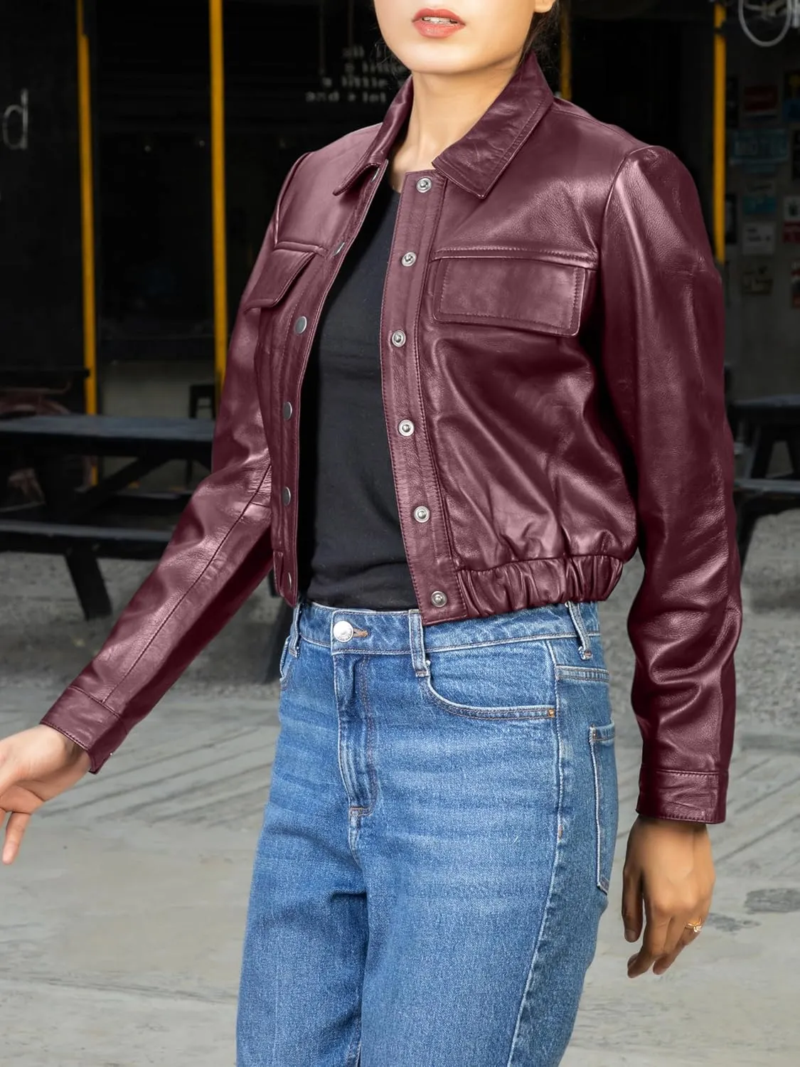 Jild Collar Button Front Cropped Leather Jacket Women- Moto Biker Womens Short Shirt Jacket Crop Party Jacket