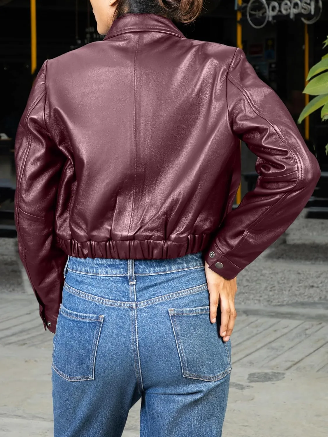 Jild Collar Button Front Cropped Leather Jacket Women- Moto Biker Womens Short Shirt Jacket Crop Party Jacket