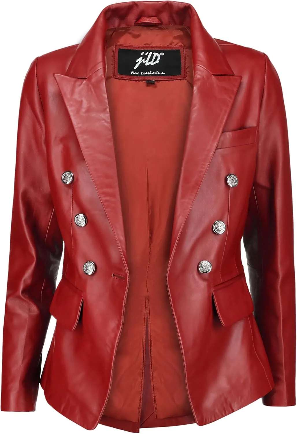 Jild Double Breasted Fancy Buttons Lambskin Leather Blazer Women - Kim Kardashian Long Sleeve Coat Style Leather Jacket Women