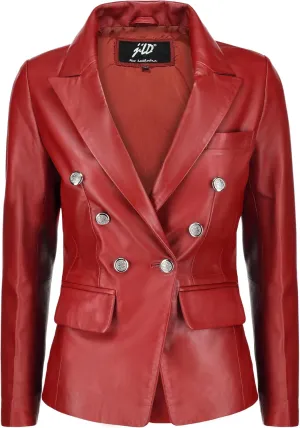 Jild Double Breasted Fancy Buttons Lambskin Leather Blazer Women - Kim Kardashian Long Sleeve Coat Style Leather Jacket Women