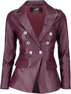 Jild Double Breasted Fancy Buttons Lambskin Leather Blazer Women - Kim Kardashian Long Sleeve Coat Style Leather Jacket Women