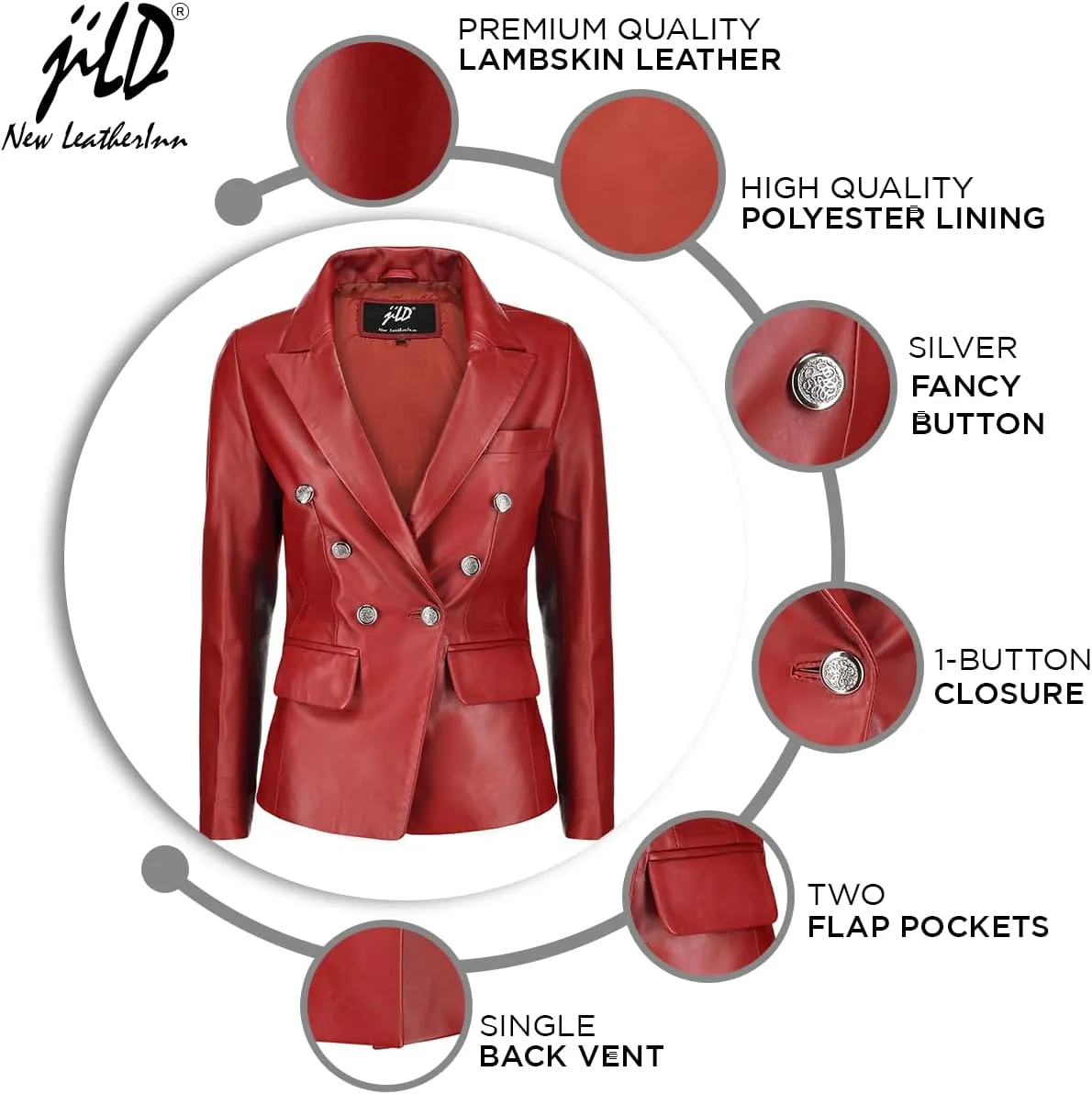 Jild Double Breasted Fancy Buttons Lambskin Leather Blazer Women - Kim Kardashian Long Sleeve Coat Style Leather Jacket Women