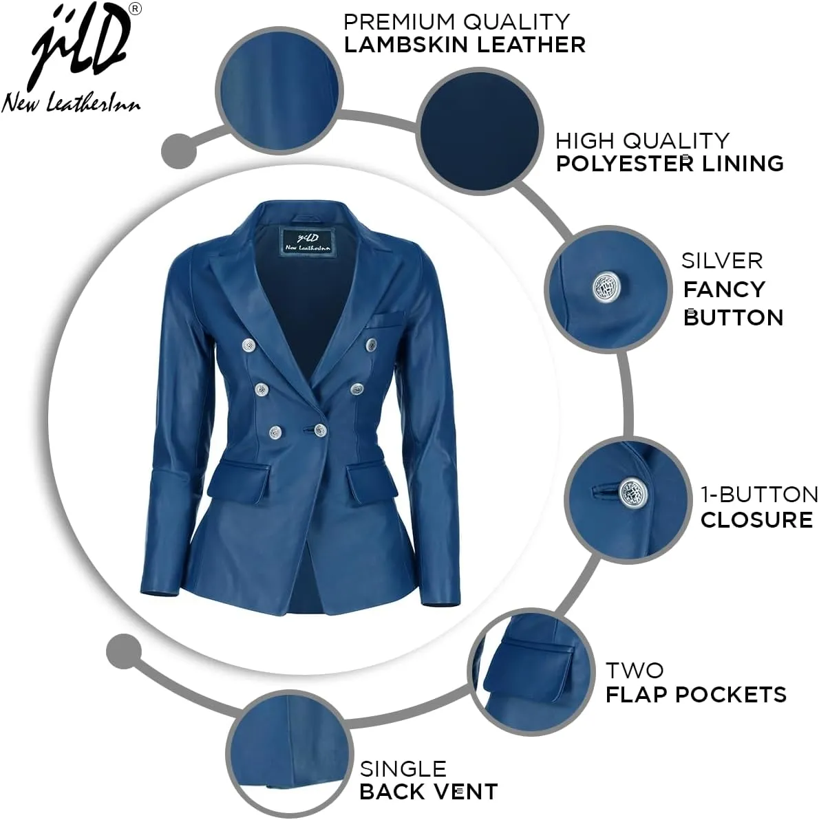Jild Double Breasted Fancy Buttons Lambskin Leather Blazer Women - Kim Kardashian Long Sleeve Coat Style Leather Jacket Women