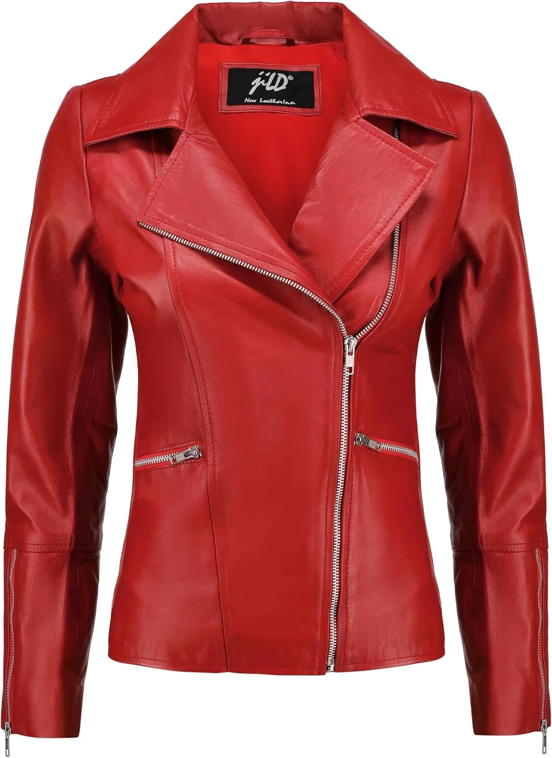 Jild Women's Asymmetrical Zip-Up Real Lambskin Leather Motorcycle Jacket - Casual Fashion Moto Biker Leather Jacket Women