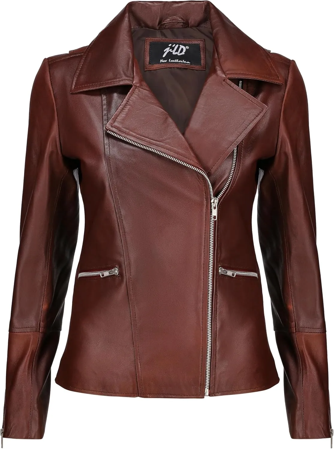 Jild Women's Asymmetrical Zip-Up Real Lambskin Leather Motorcycle Jacket - Casual Fashion Moto Biker Leather Jacket Women