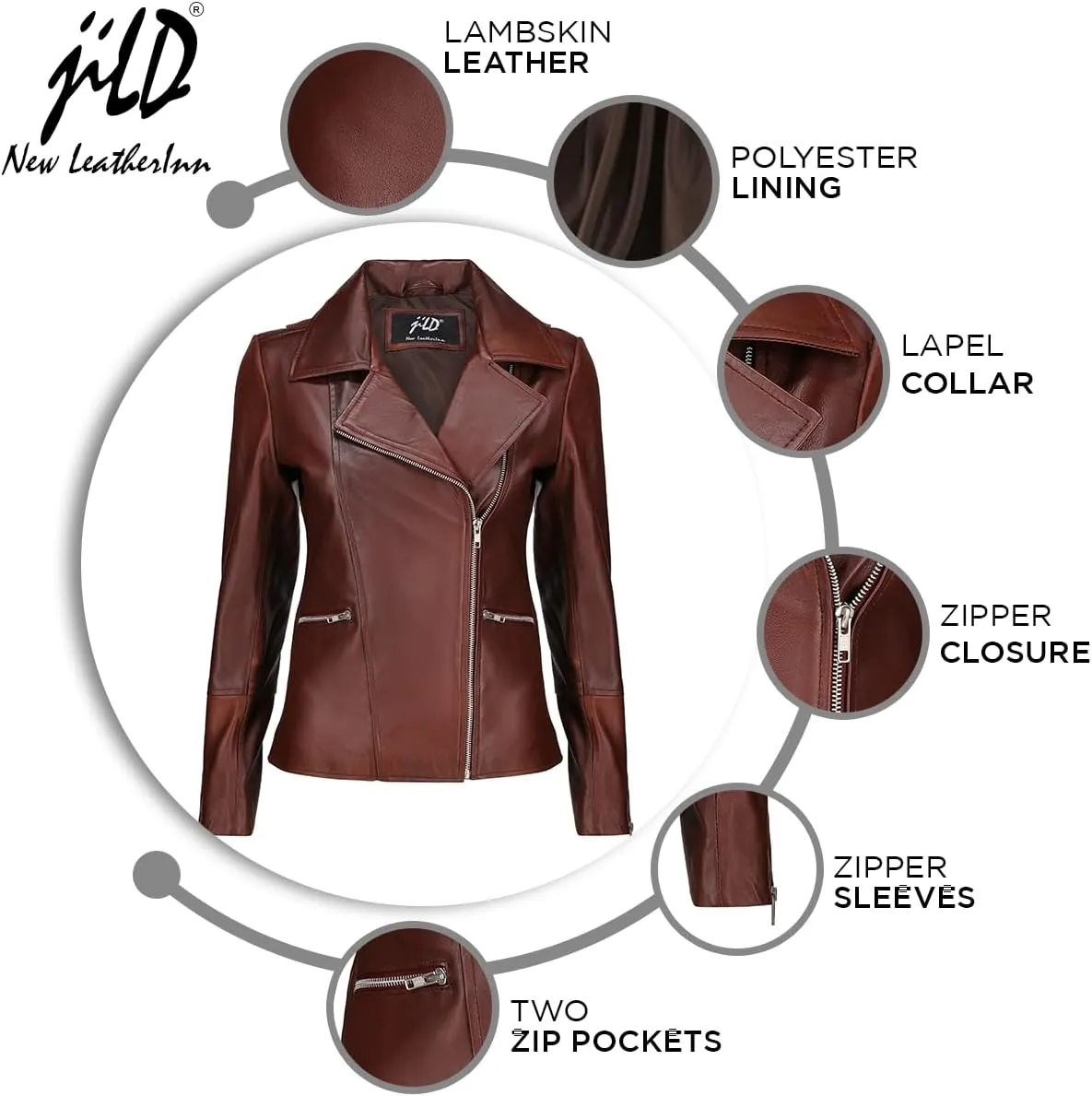 Jild Women's Asymmetrical Zip-Up Real Lambskin Leather Motorcycle Jacket - Casual Fashion Moto Biker Leather Jacket Women