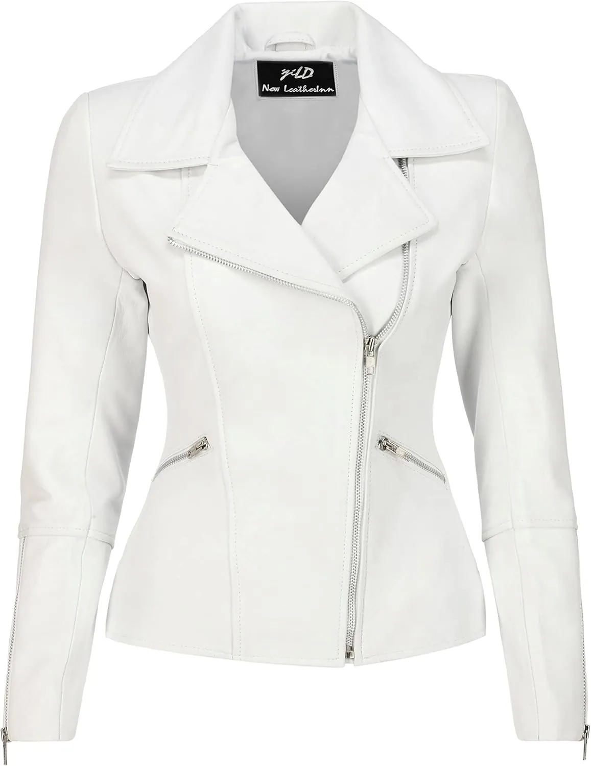 Jild Women's Asymmetrical Zip-Up Real Lambskin Leather Motorcycle Jacket - Casual Fashion Moto Biker Leather Jacket Women