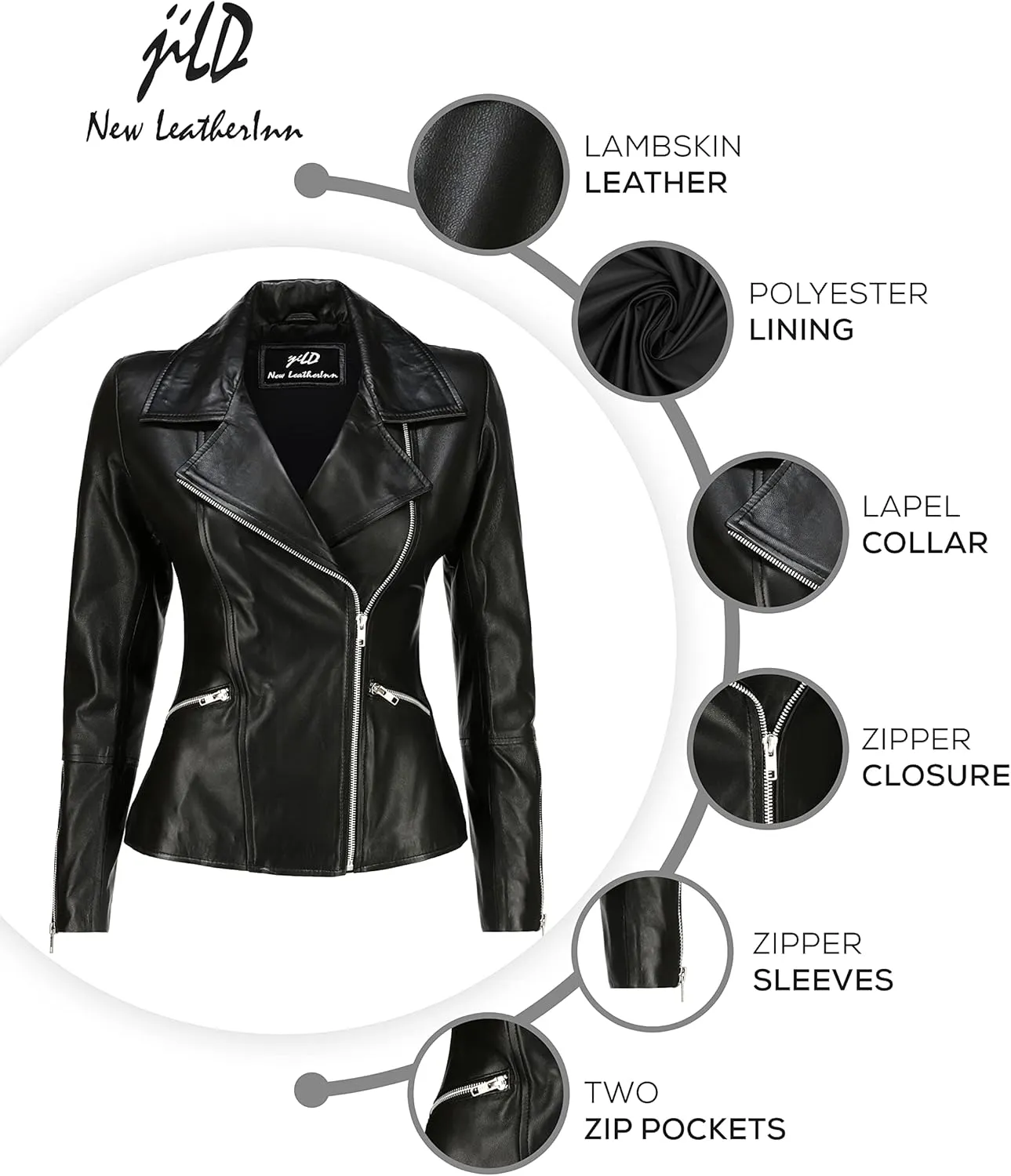 Jild Women's Asymmetrical Zip-Up Real Lambskin Leather Motorcycle Jacket - Casual Fashion Moto Biker Leather Jacket Women