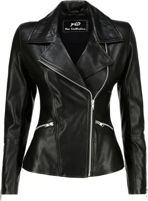 Jild Women's Asymmetrical Zip-Up Real Lambskin Leather Motorcycle Jacket - Casual Fashion Moto Biker Leather Jacket Women