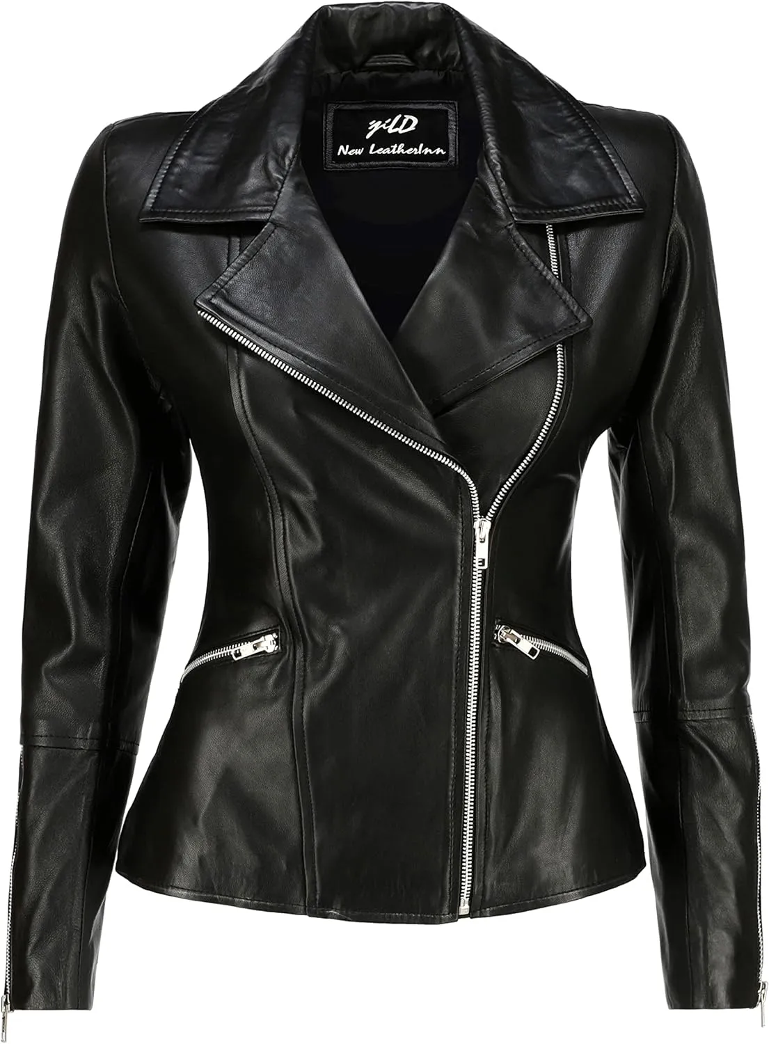 Jild Women's Asymmetrical Zip-Up Real Lambskin Leather Motorcycle Jacket - Casual Fashion Moto Biker Leather Jacket Women