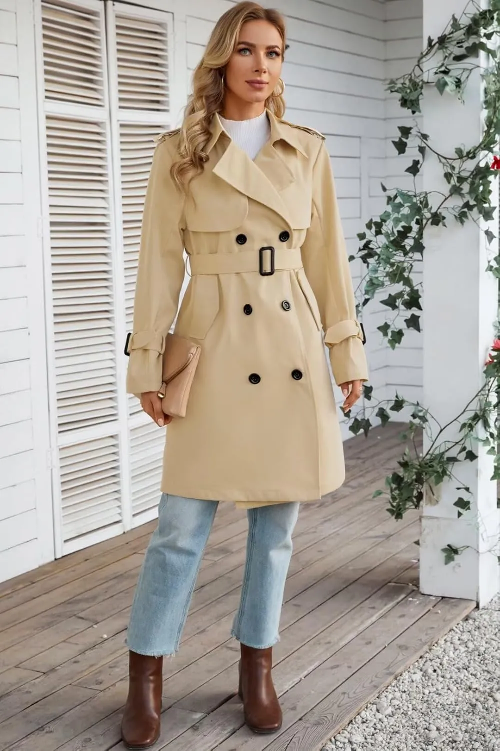 Joe Wenko Women's Waterproof Trench Coat Double Breasted Lapel Rain Coats for Women With Belt