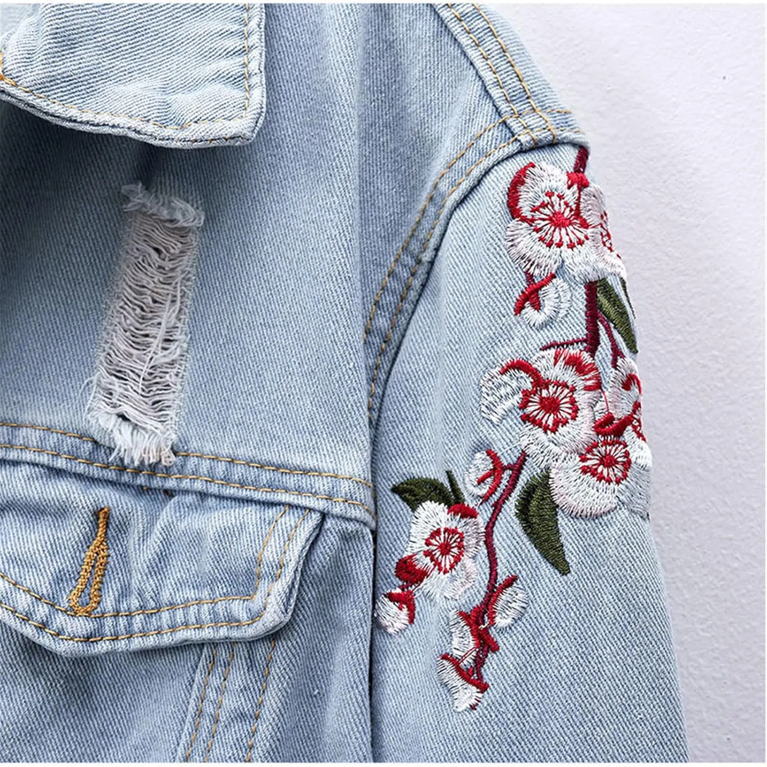 Kelsiop Spring Plum Flower Embroidered Cotton Collar Denim Jacket Women's Harajuku Loose Ripped Blue Denim Jacket