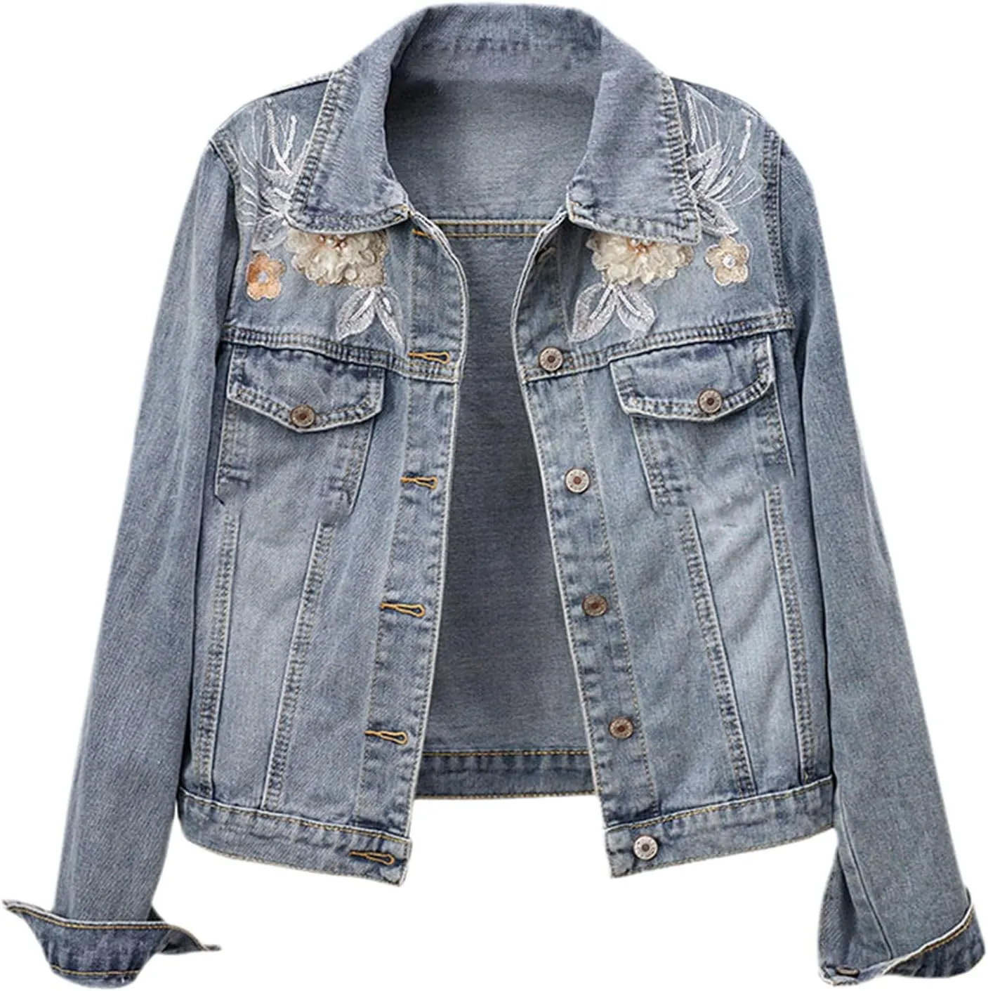 Kelsiop Spring Plum Flower Embroidered Cotton Collar Denim Jacket Women's Harajuku Loose Ripped Blue Denim Jacket