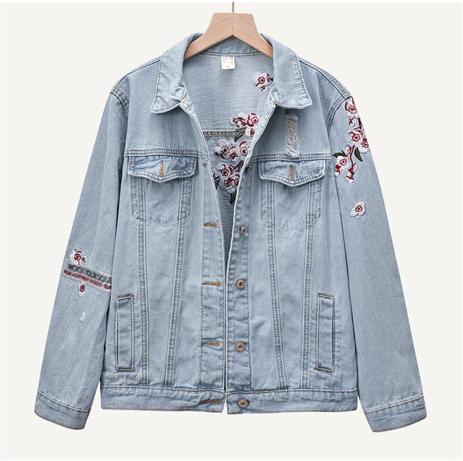 Kelsiop Spring Plum Flower Embroidered Cotton Collar Denim Jacket Women's Harajuku Loose Ripped Blue Denim Jacket