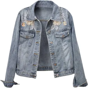 Kelsiop Spring Plum Flower Embroidered Cotton Collar Denim Jacket Women's Harajuku Loose Ripped Blue Denim Jacket