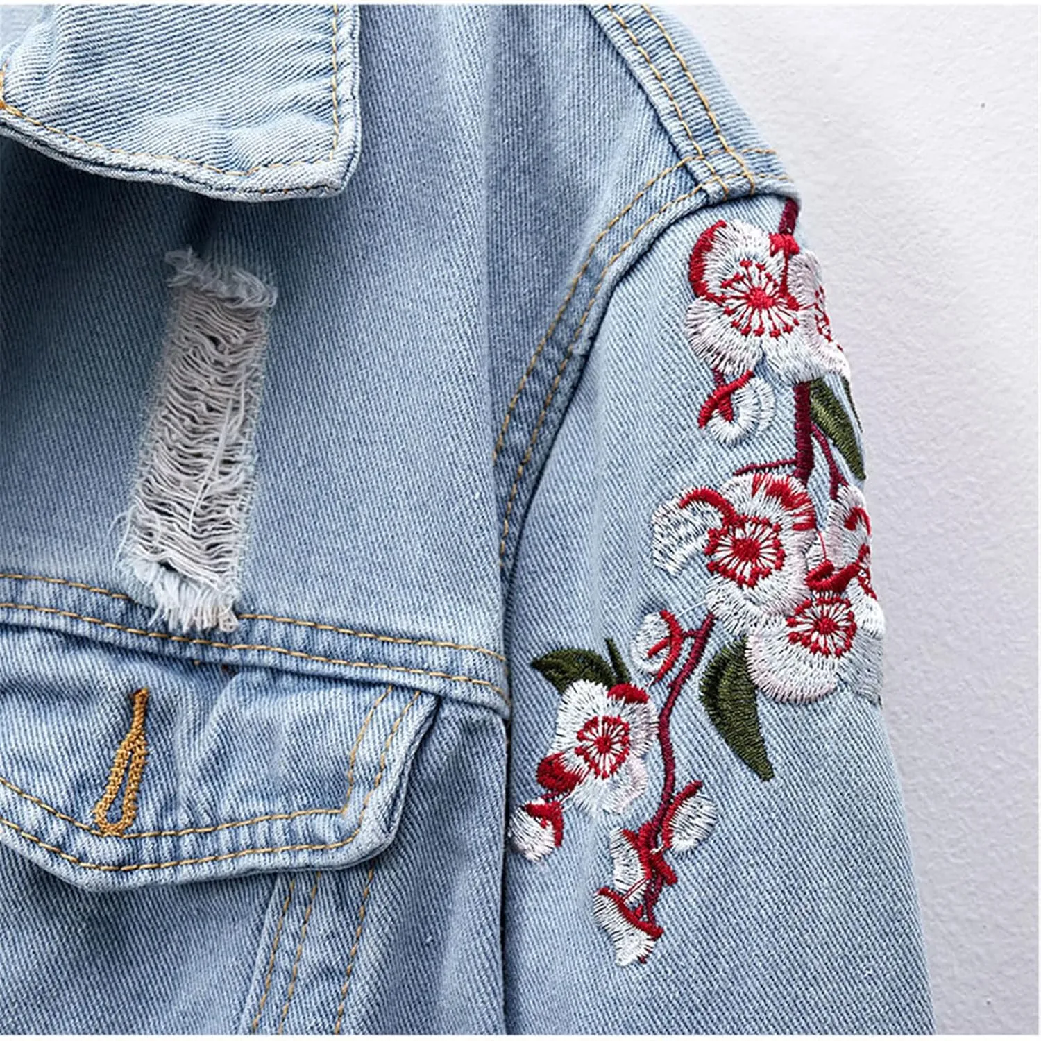 Kelsiop Spring Plum Flower Embroidered Cotton Collar Denim Jacket Women's Harajuku Loose Ripped Blue Denim Jacket