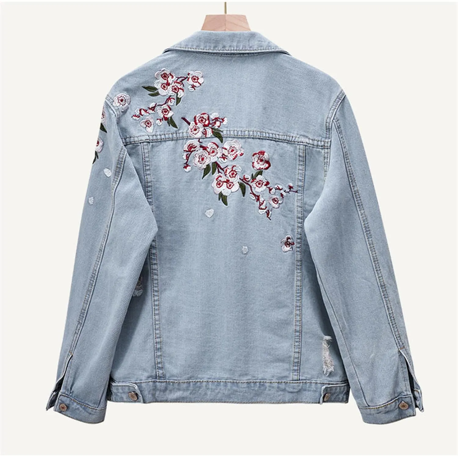 Kelsiop Spring Plum Flower Embroidered Cotton Collar Denim Jacket Women's Harajuku Loose Ripped Blue Denim Jacket