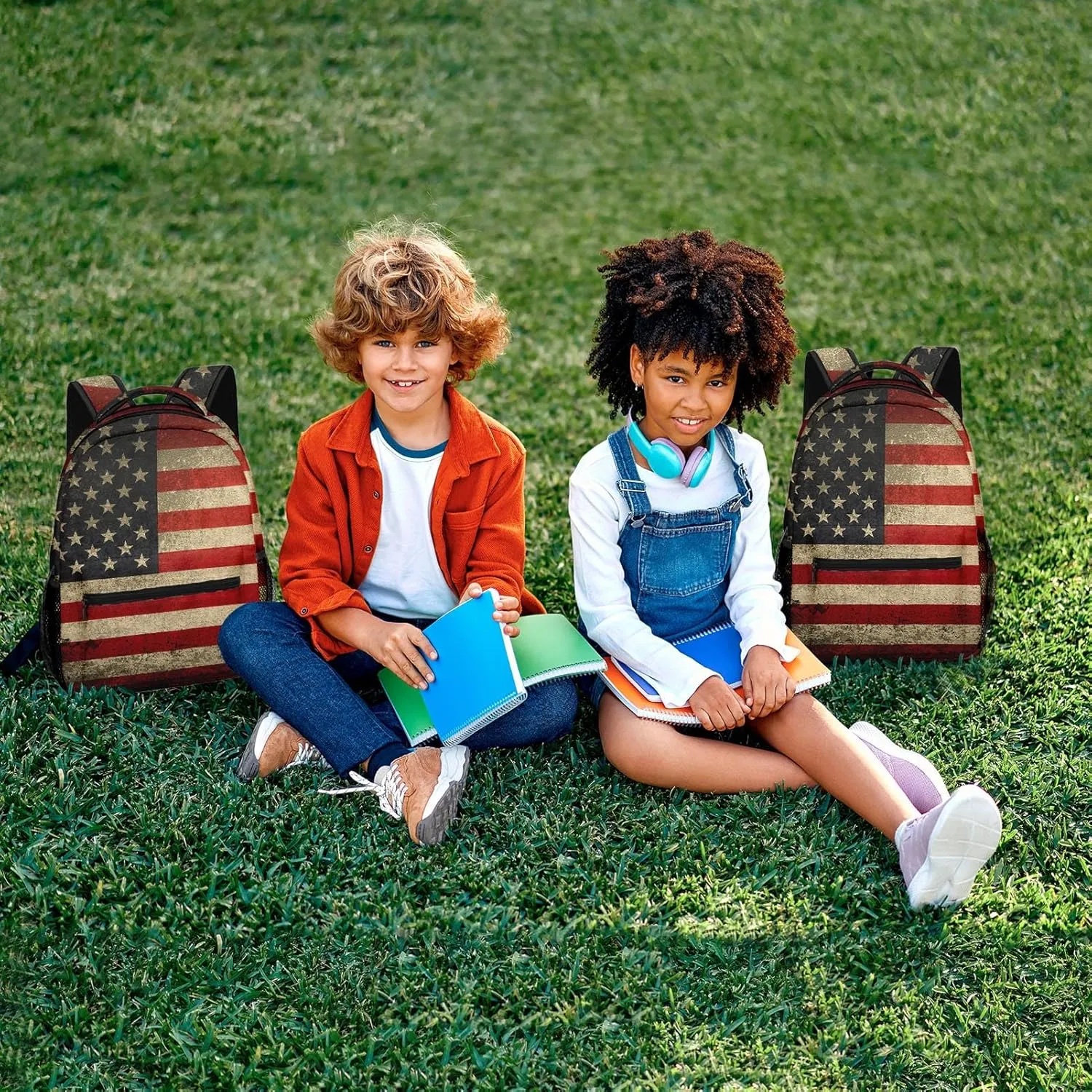 Kids Backpack for Teens Girls Boys, American Flag Military Vintage Retro Stripe Patriotic Water Resistant Child Bookbag School Bag with Adjustable Padded Straps