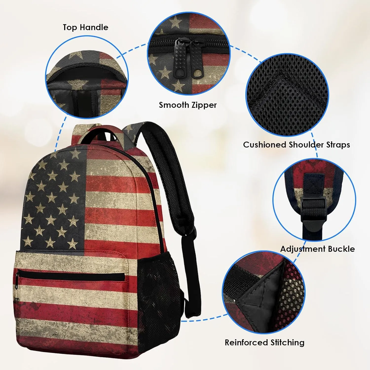 Kids Backpack for Teens Girls Boys, American Flag Military Vintage Retro Stripe Patriotic Water Resistant Child Bookbag School Bag with Adjustable Padded Straps