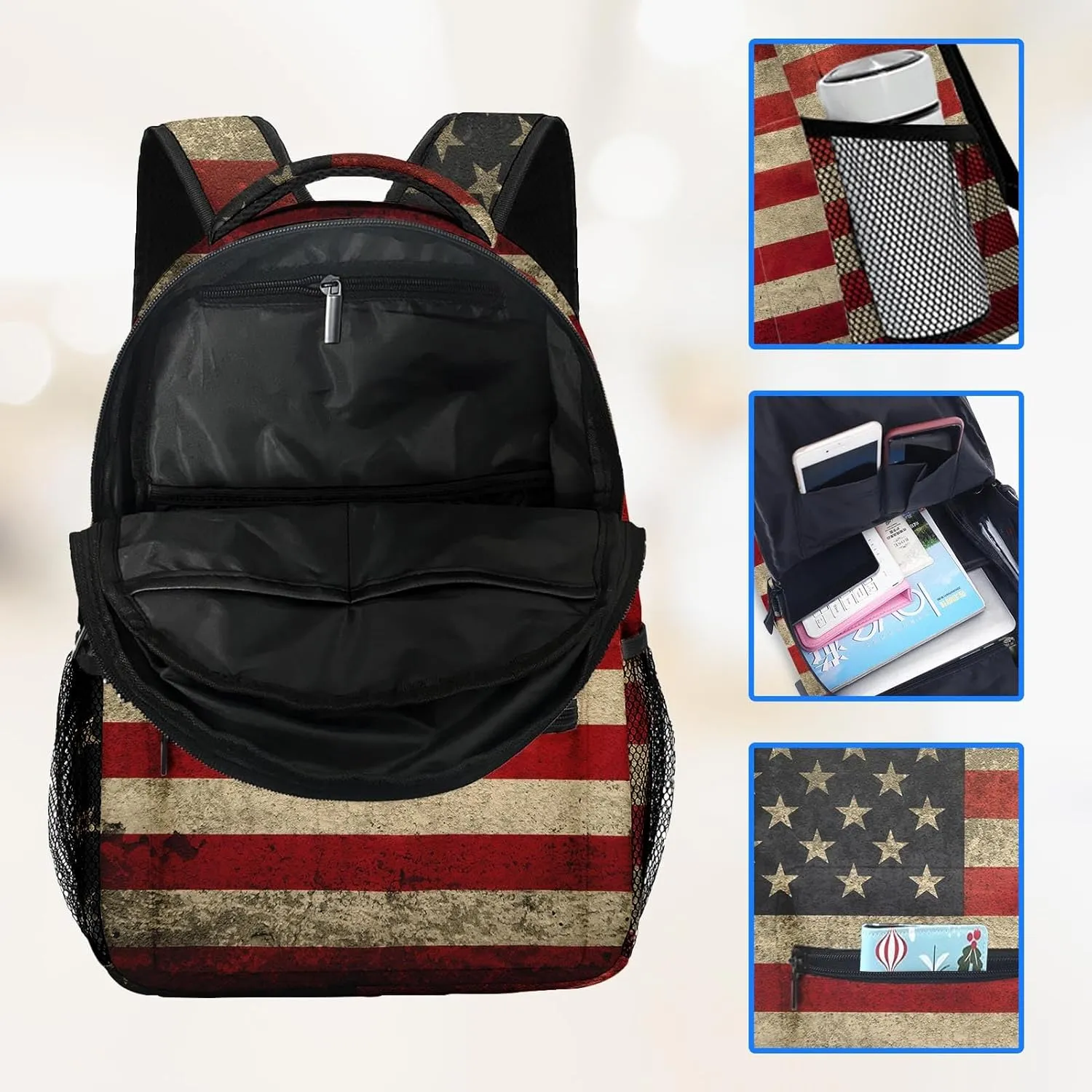 Kids Backpack for Teens Girls Boys, American Flag Military Vintage Retro Stripe Patriotic Water Resistant Child Bookbag School Bag with Adjustable Padded Straps