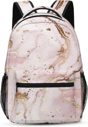 Kids Backpack for Teens Girls Boys, Marble Painting Rose Gold Pink Stripe Stone Water Resistant Child Bookbag School Bag with Adjustable Padded Straps, LZQ24031214-AB