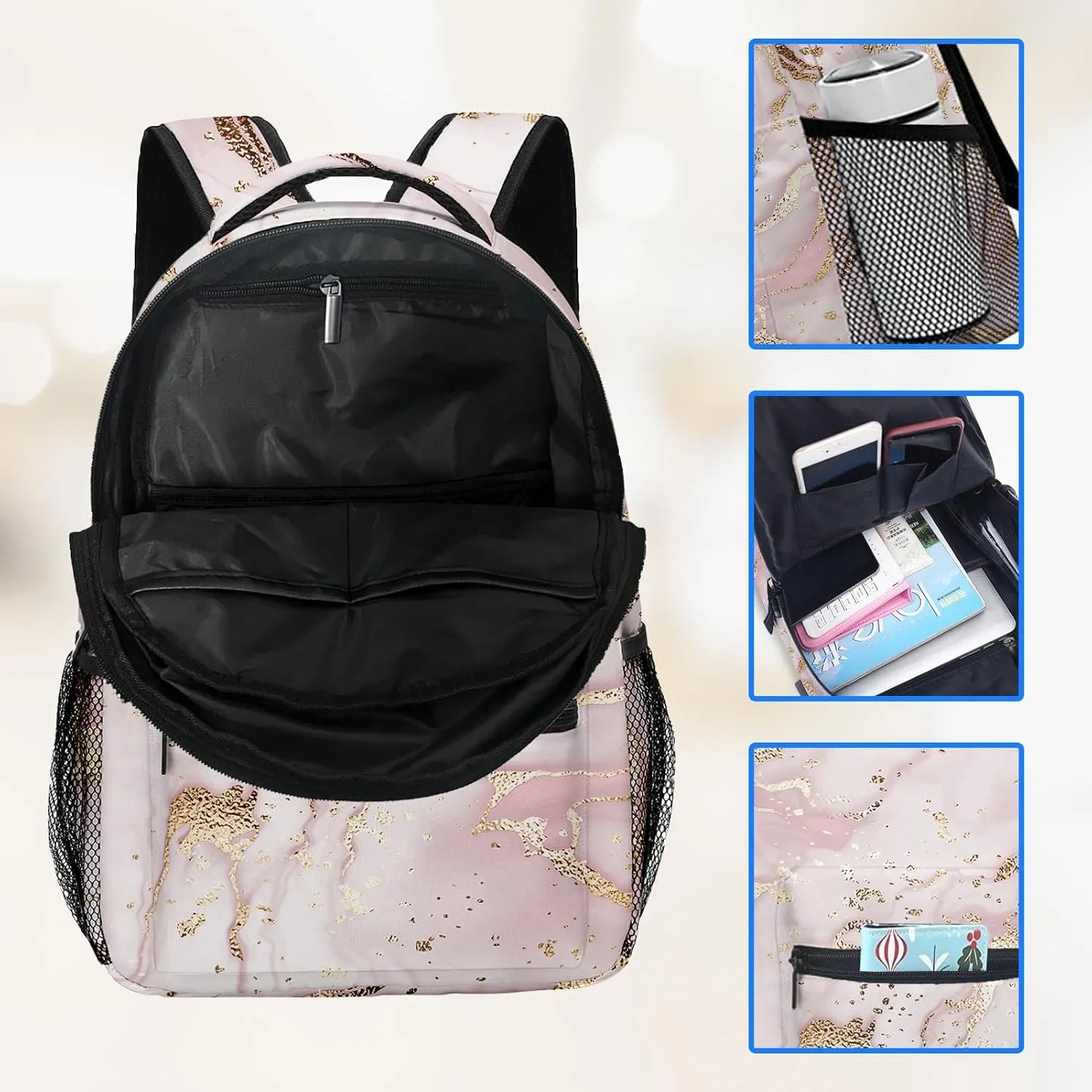 Kids Backpack for Teens Girls Boys, Marble Painting Rose Gold Pink Stripe Stone Water Resistant Child Bookbag School Bag with Adjustable Padded Straps, LZQ24031214-AB