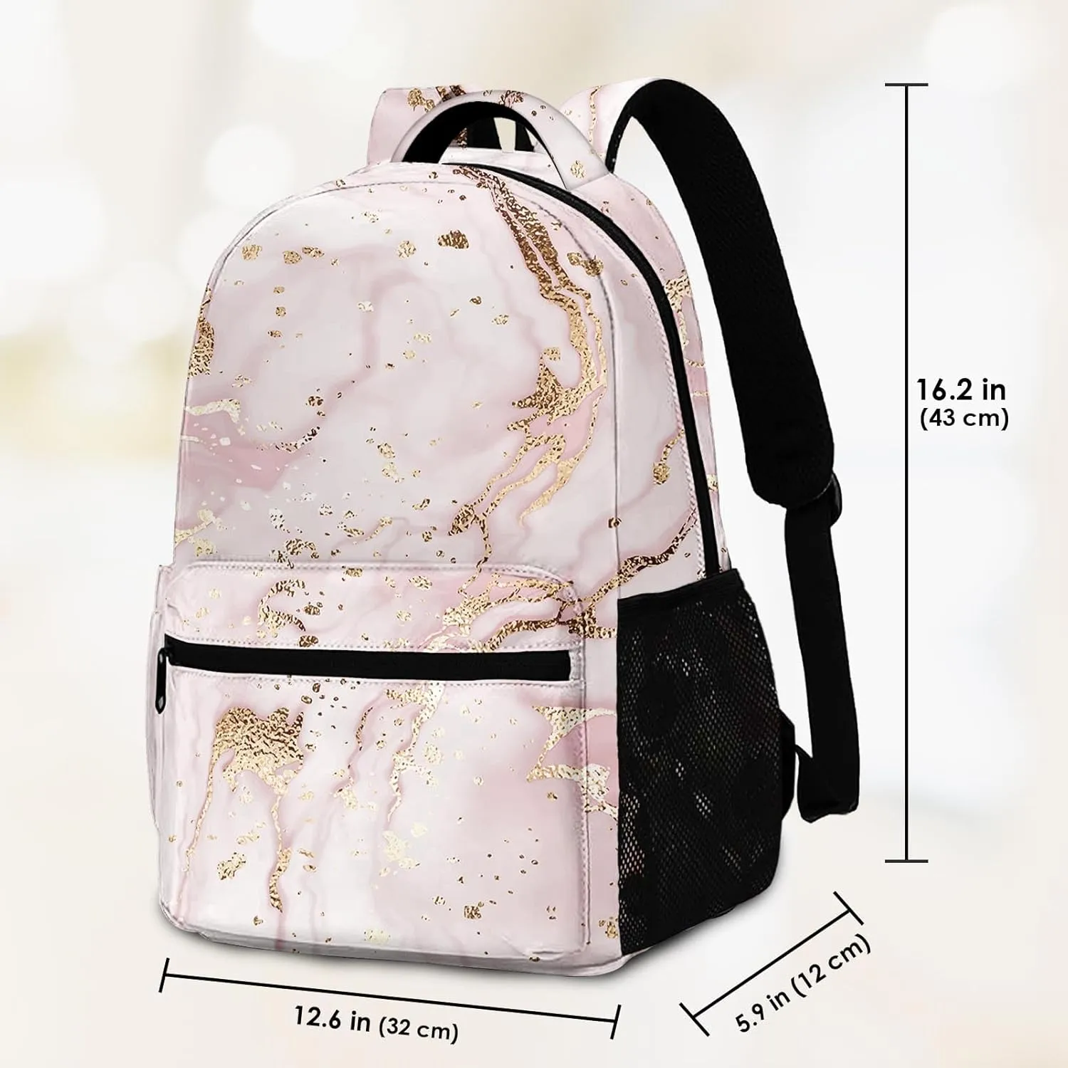 Kids Backpack for Teens Girls Boys, Marble Painting Rose Gold Pink Stripe Stone Water Resistant Child Bookbag School Bag with Adjustable Padded Straps, LZQ24031214-AB