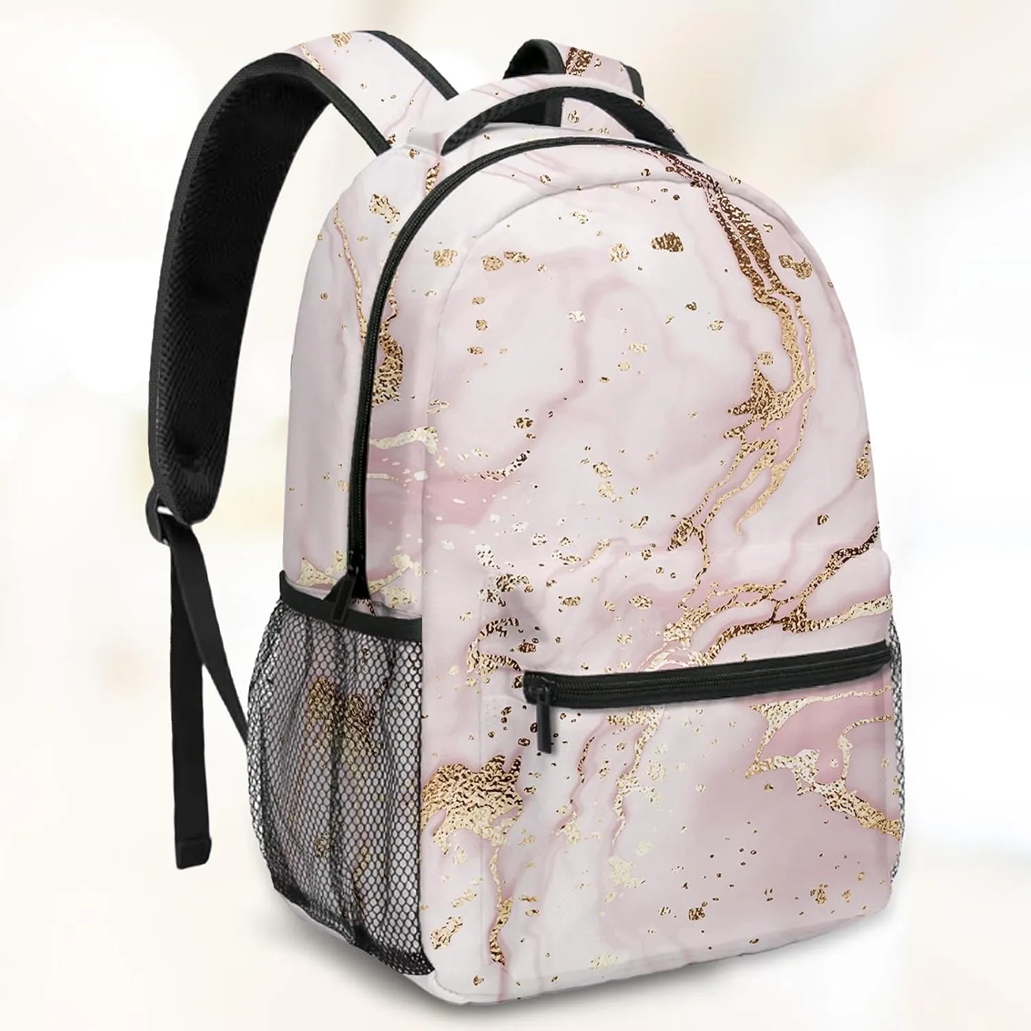 Kids Backpack for Teens Girls Boys, Marble Painting Rose Gold Pink Stripe Stone Water Resistant Child Bookbag School Bag with Adjustable Padded Straps, LZQ24031214-AB