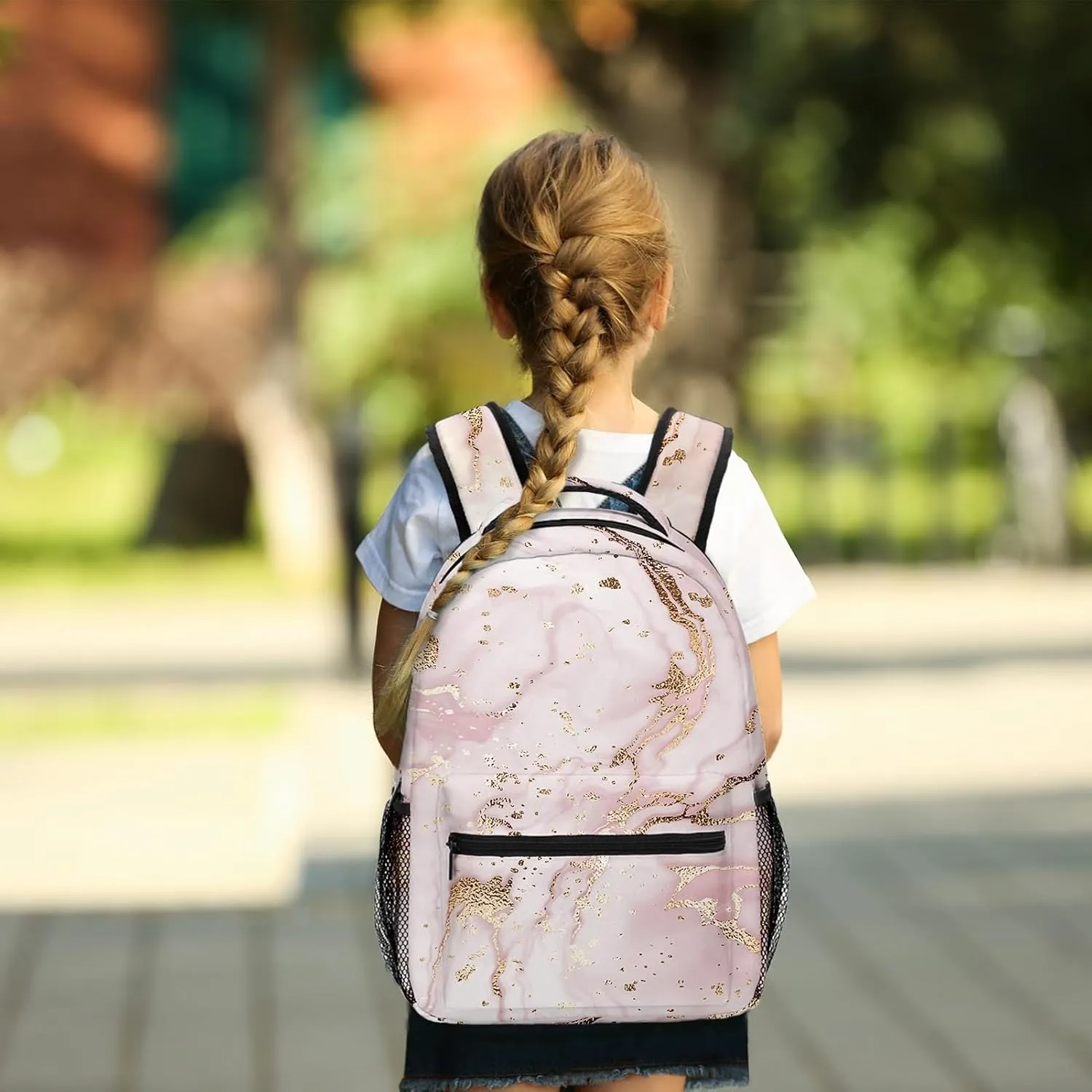 Kids Backpack for Teens Girls Boys, Marble Painting Rose Gold Pink Stripe Stone Water Resistant Child Bookbag School Bag with Adjustable Padded Straps, LZQ24031214-AB