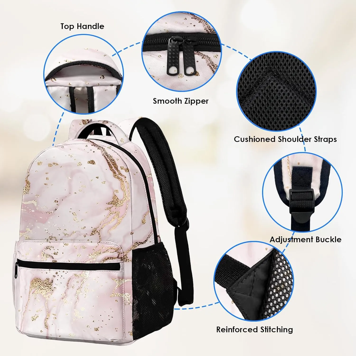 Kids Backpack for Teens Girls Boys, Marble Painting Rose Gold Pink Stripe Stone Water Resistant Child Bookbag School Bag with Adjustable Padded Straps, LZQ24031214-AB