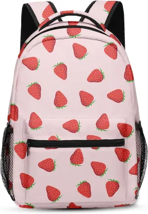 Kids Backpack for Teens Girls Boys, Strawberry Fruit Flower Summer Red Pink Water Resistant Child Bookbag School Bag with Adjustable Padded Straps