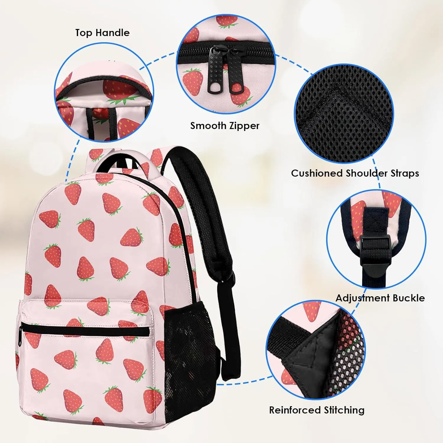 Kids Backpack for Teens Girls Boys, Strawberry Fruit Flower Summer Red Pink Water Resistant Child Bookbag School Bag with Adjustable Padded Straps