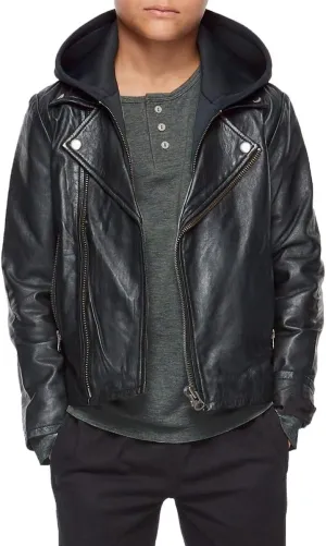 Kids Motorcycle Jacket - Genuine Black Boys Leather Jacket with Hoodie (KCJ-JN456)