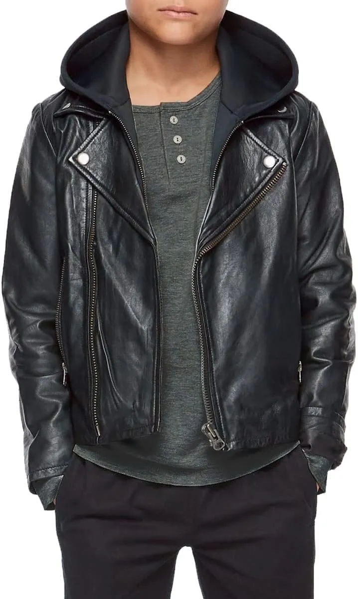 Kids Motorcycle Jacket - Genuine Black Boys Leather Jacket with Hoodie (KCJ-JN456)