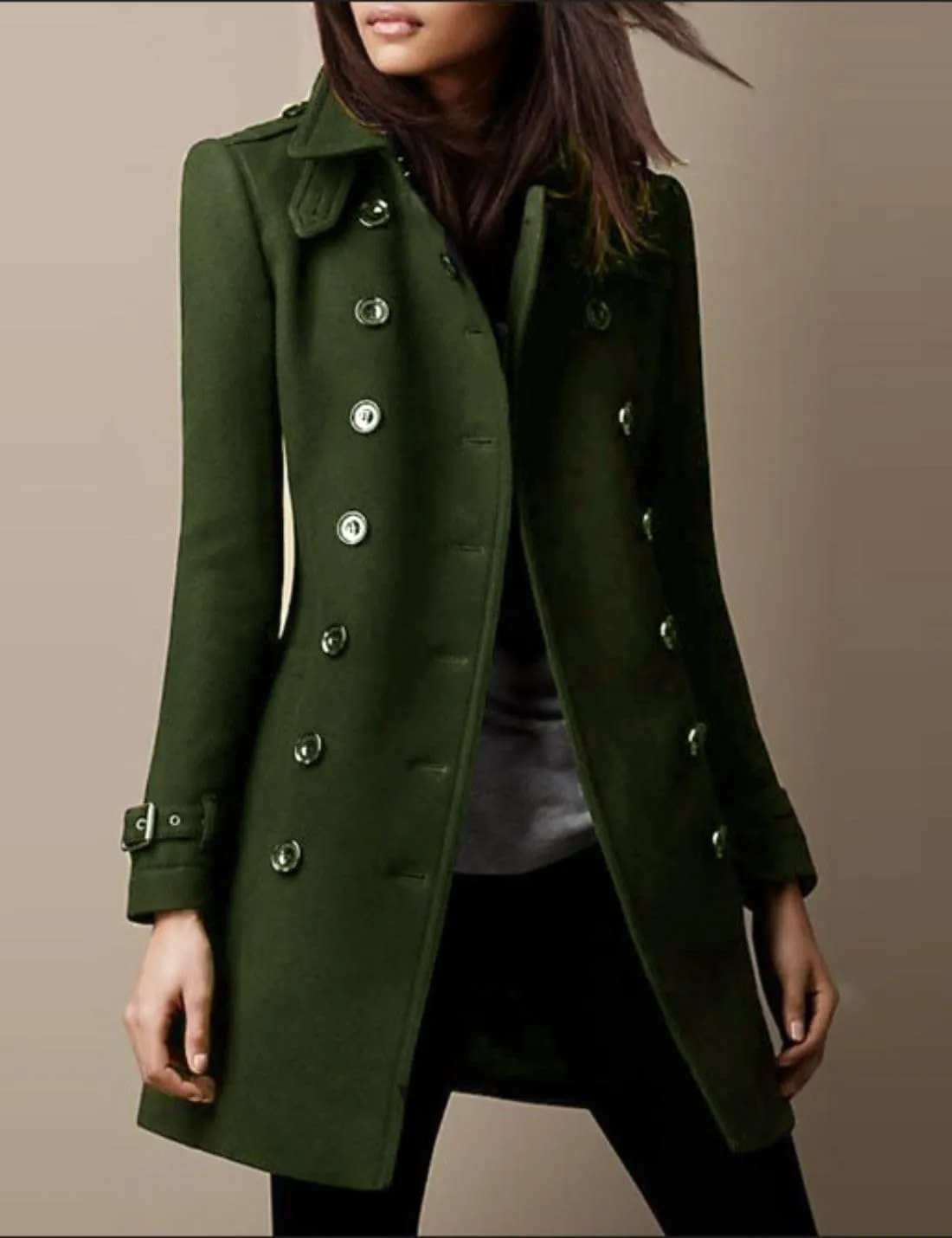 Kwoki Women's Double Breasted Trench Coat Solid Color Stand Collar Fall Winter Wool Blend Jacket