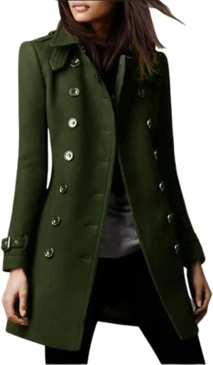 Kwoki Women's Double Breasted Trench Coat Solid Color Stand Collar Fall Winter Wool Blend Jacket