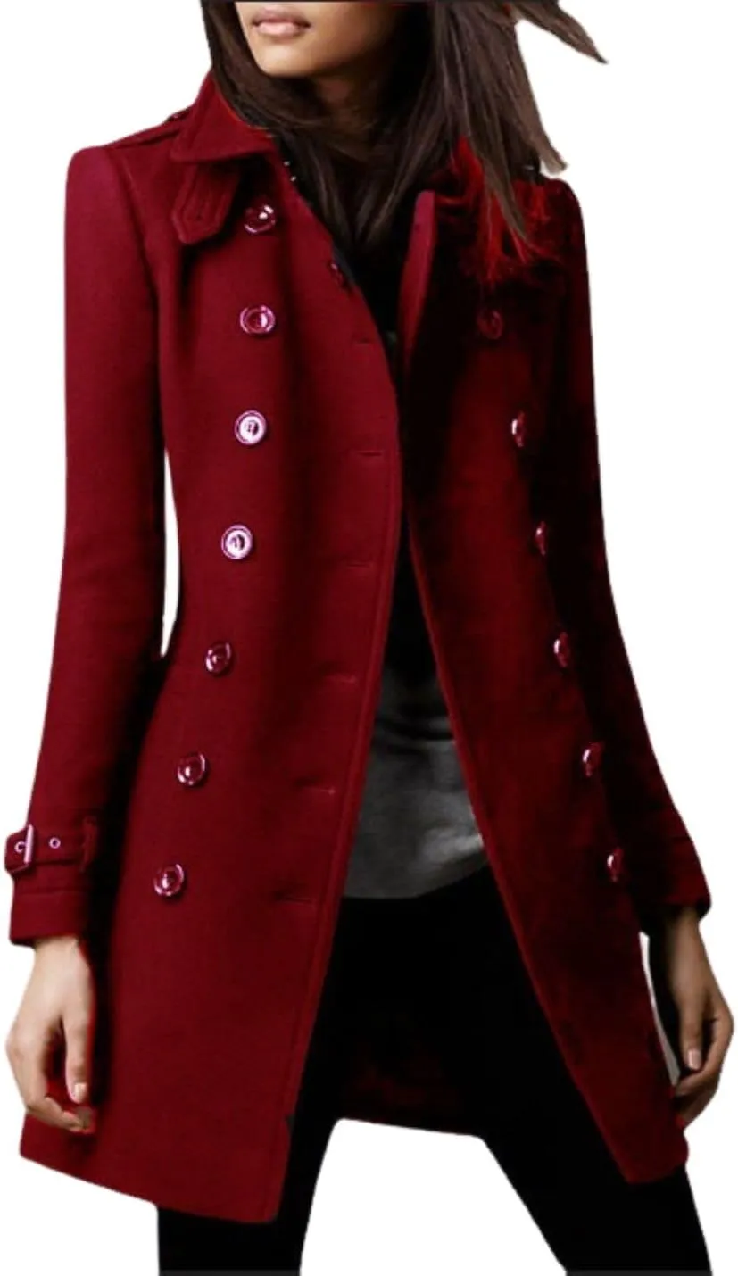 Kwoki Women's Double Breasted Trench Coat Solid Color Stand Collar Fall Winter Wool Blend Jacket